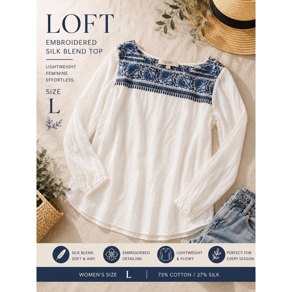 LOFT Silk Blend Embroidered Boho Peasant Top White‎ Blue Lightweight Size L